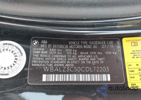 2012 BMW 650I from USA, damaged, VIN WBALZ3C50CDL72203